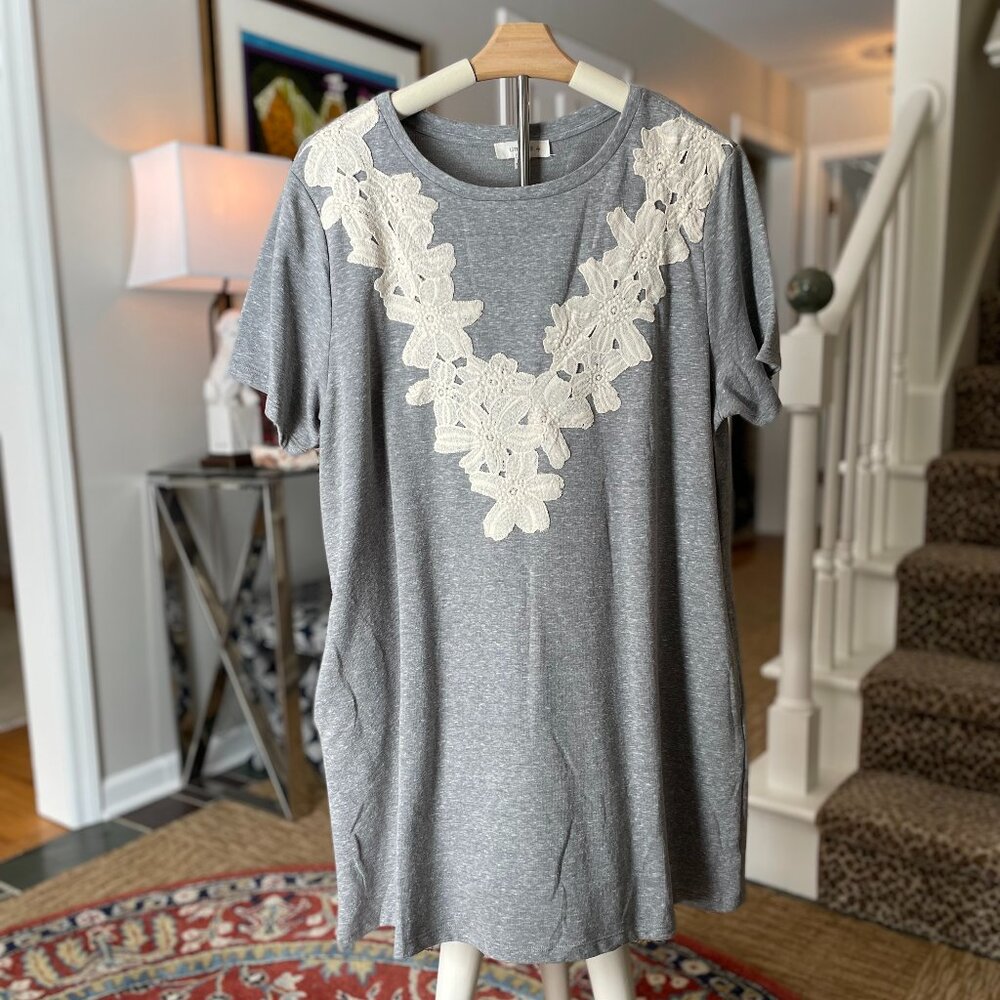 NWT Umgee+ lace appliqué & grey jersey mini dress w/pockets XL 1XL 2XL